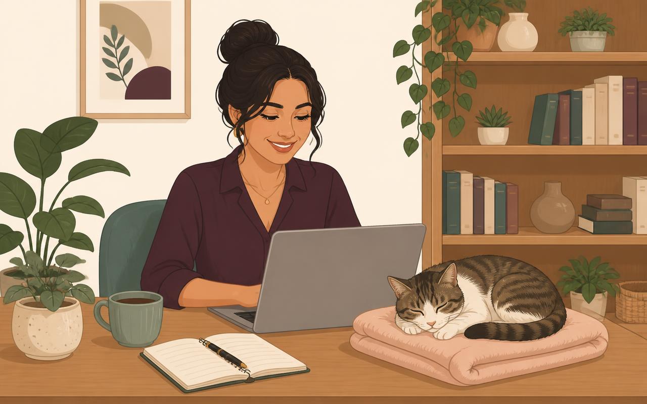 A behavior analyst taking notes at a warm home desk while a cat naps beside her laptop